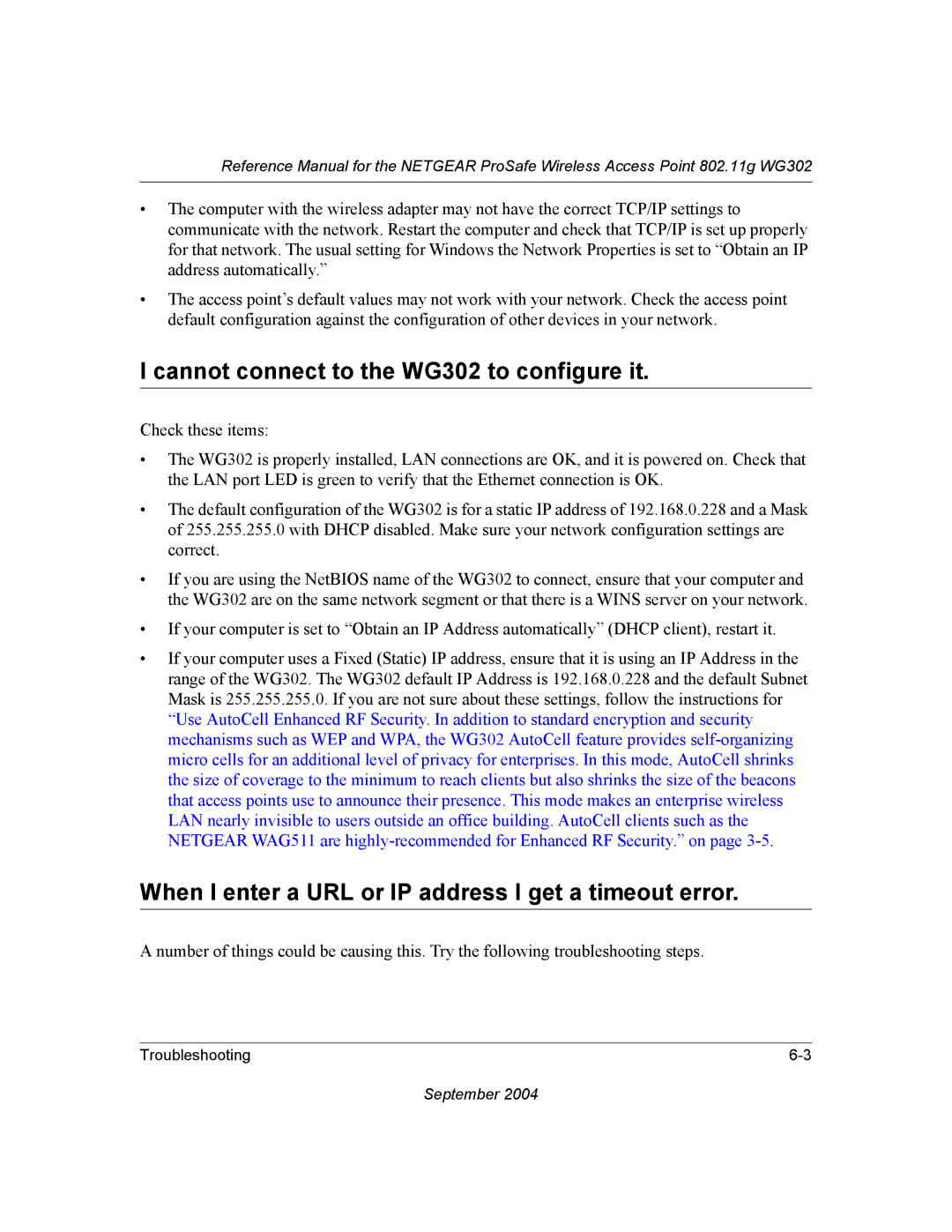 NETGEAR manual Cannot connect to the WG302 to configure it, When I enter a URL or IP address I get a timeout error 