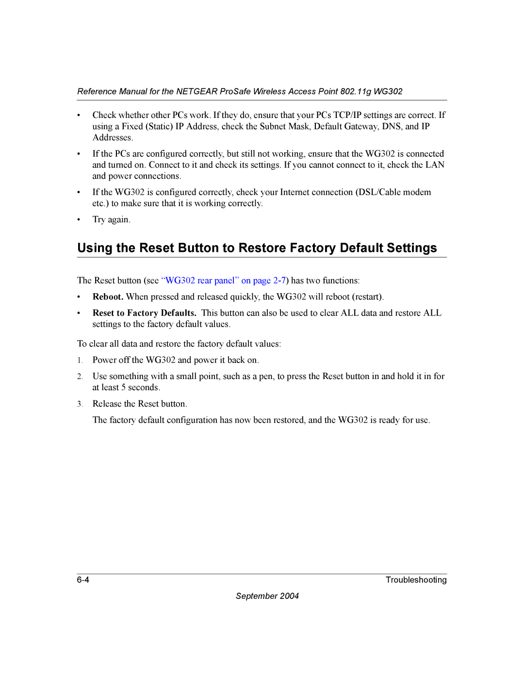 NETGEAR WG302 manual Using the Reset Button to Restore Factory Default Settings 