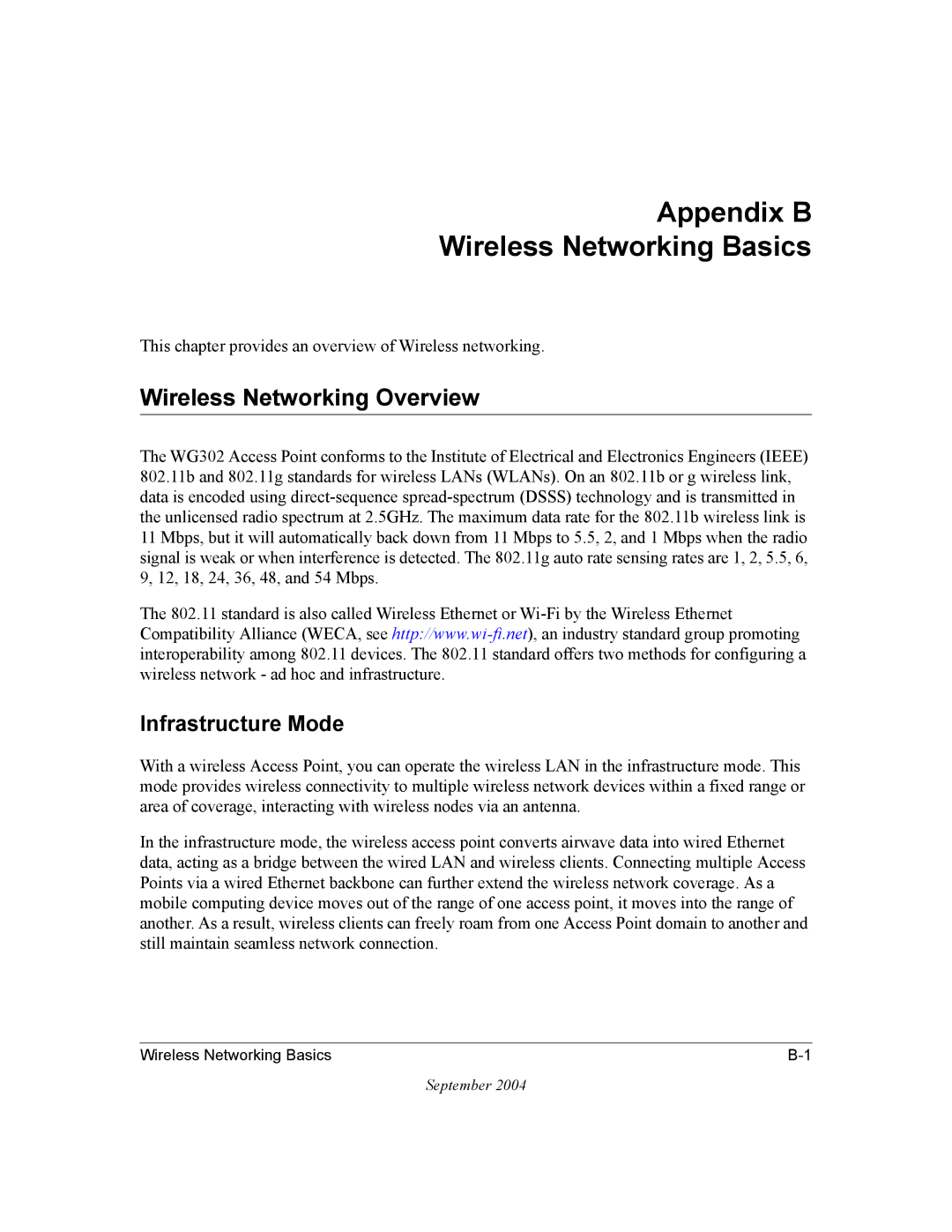 NETGEAR WG302 manual Appendix B Wireless Networking Basics, Wireless Networking Overview, Infrastructure Mode 