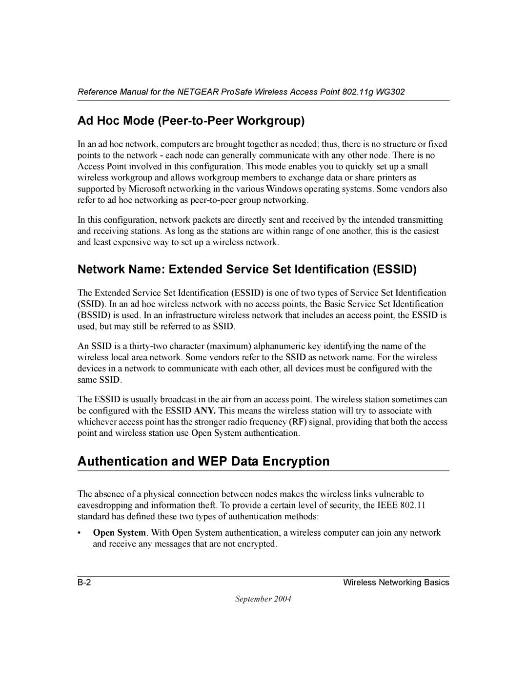 NETGEAR WG302 manual Authentication and WEP Data Encryption, Ad Hoc Mode Peer-to-Peer Workgroup 