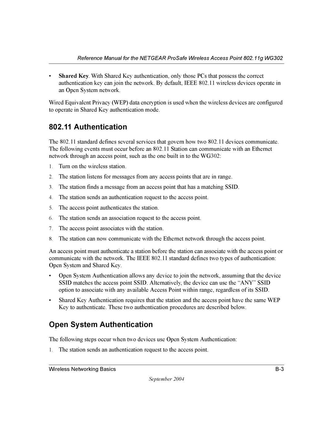 NETGEAR WG302 manual Open System Authentication 