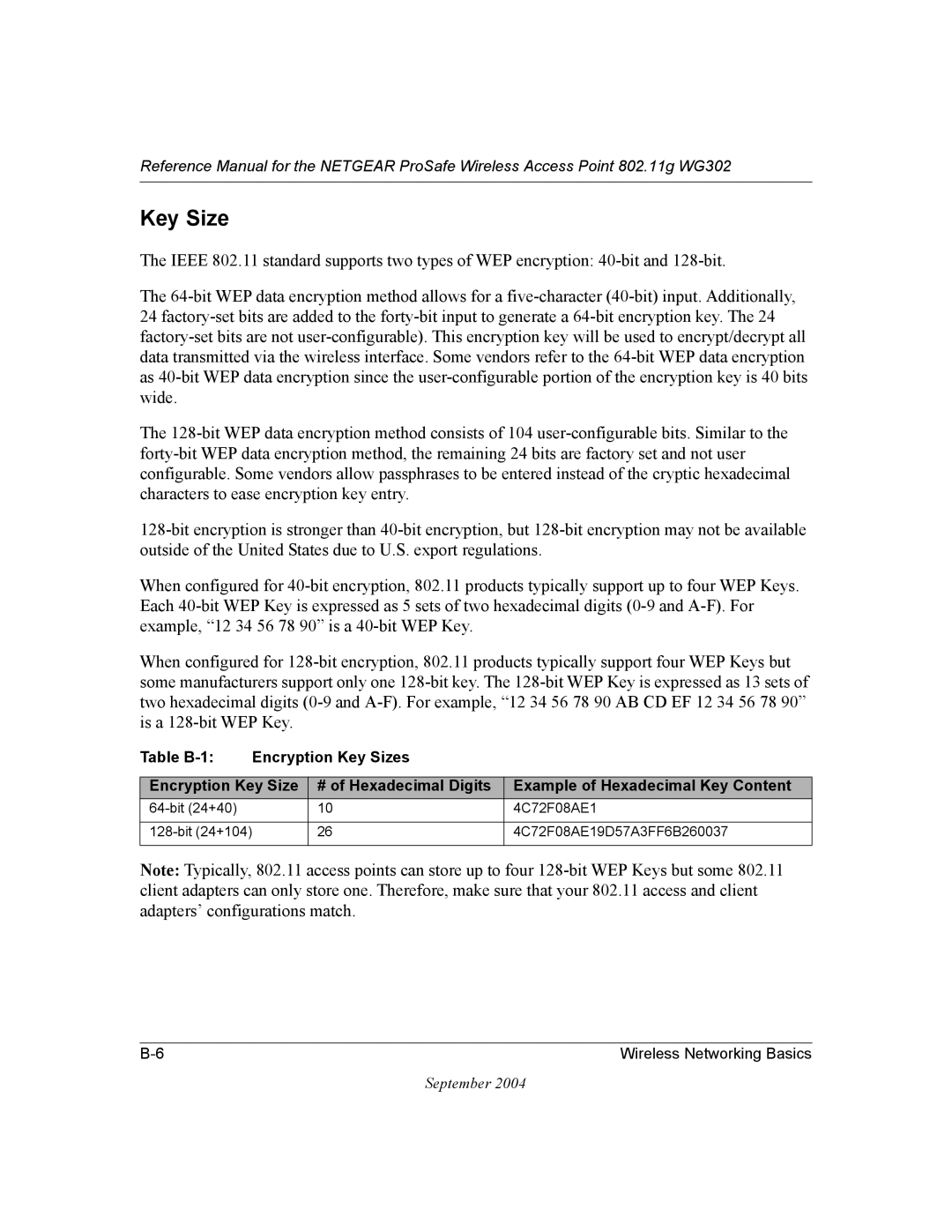 NETGEAR WG302 manual Key Size 