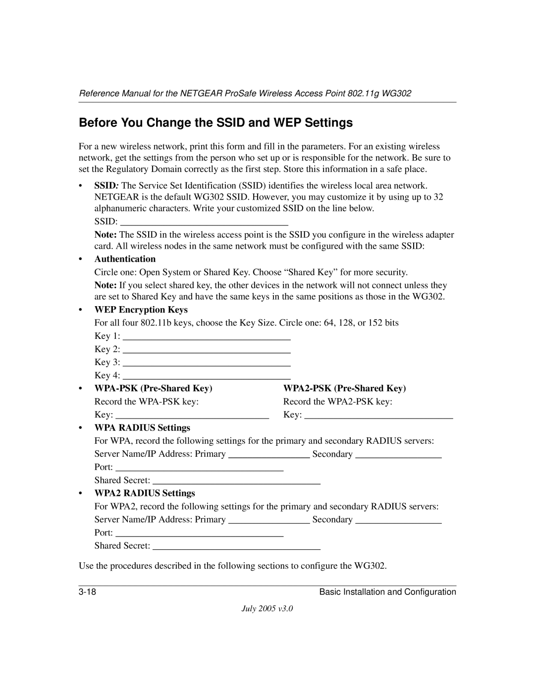 NETGEAR WG302 manual Before You Change the Ssid and WEP Settings, WPA Radius Settings 