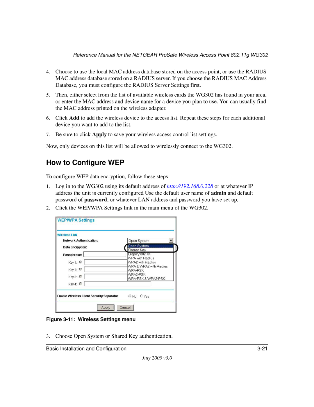 NETGEAR WG302 manual How to Configure WEP, To configure WEP data encryption, follow these steps 