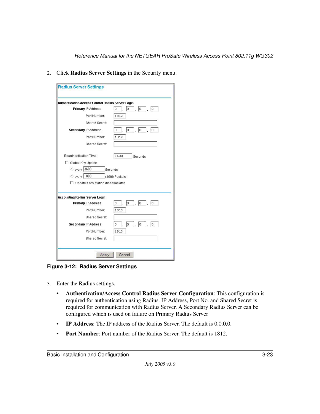 NETGEAR WG302 manual Click Radius Server Settings in the Security menu 