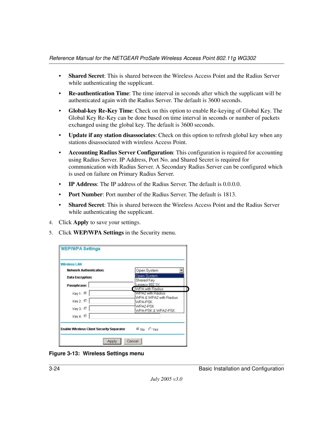 NETGEAR WG302 manual Wireless Settings menu 