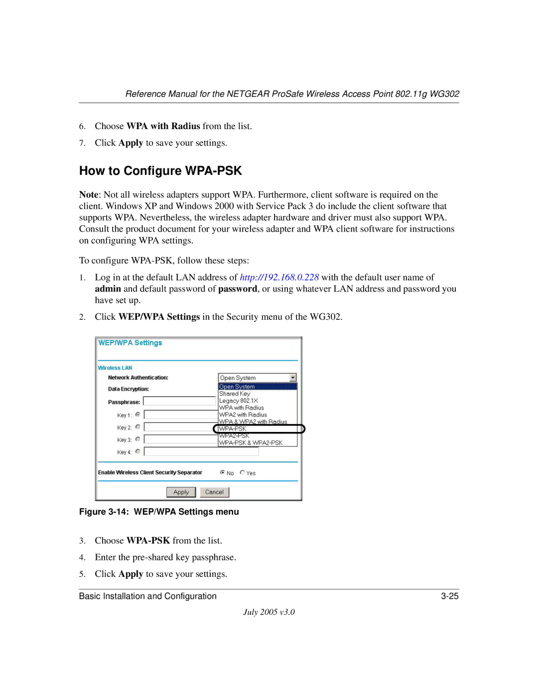 NETGEAR WG302 manual How to Configure WPA-PSK, 14 WEP/WPA Settings menu 