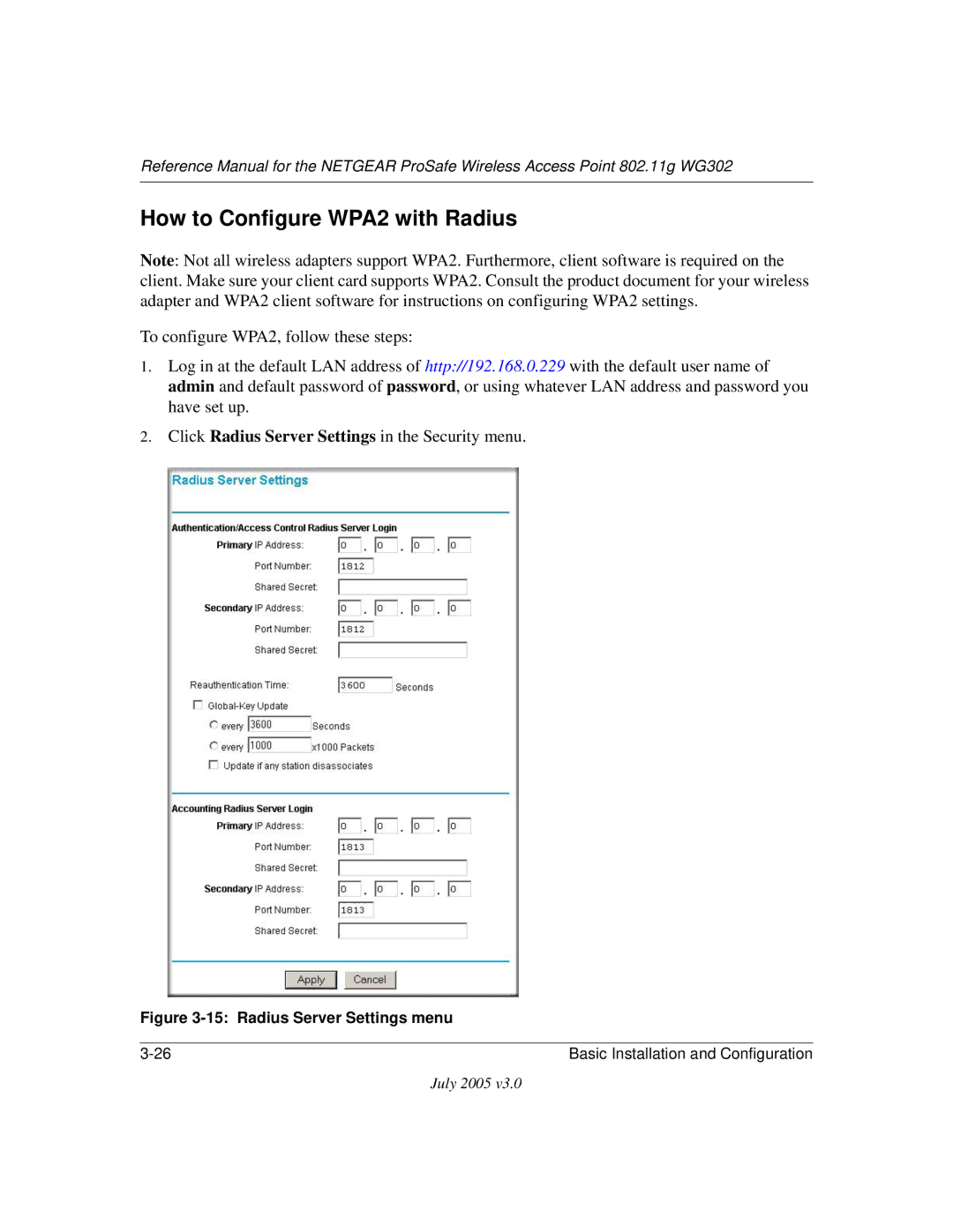 NETGEAR WG302 manual How to Configure WPA2 with Radius, Radius Server Settings menu 