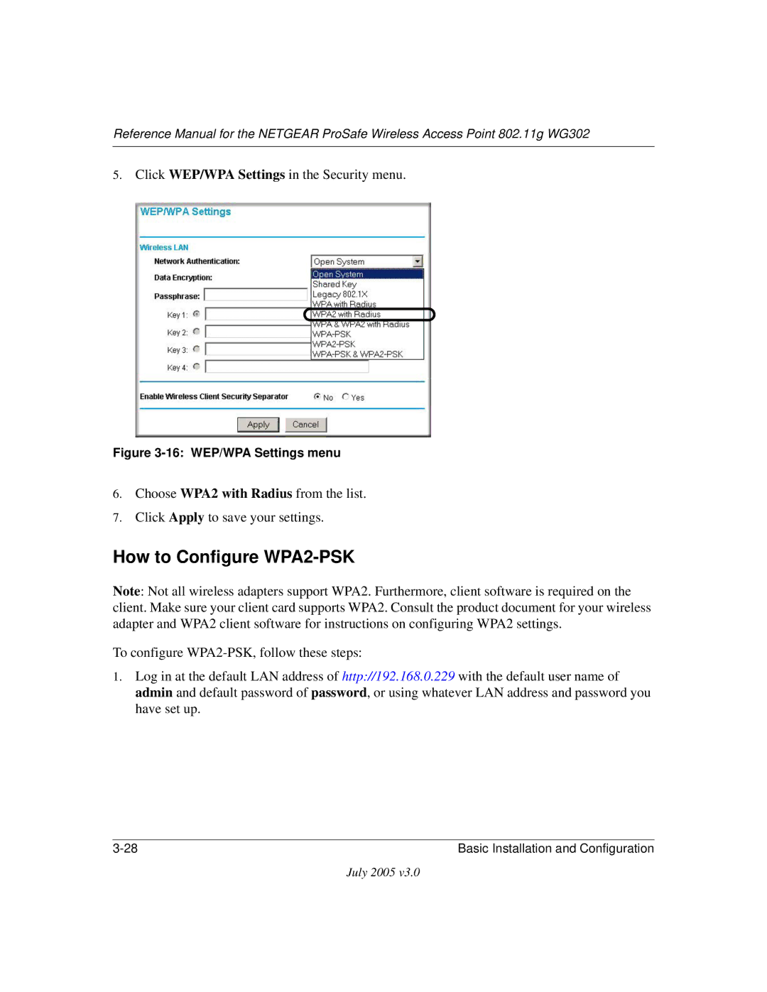 NETGEAR WG302 manual How to Configure WPA2-PSK, 16 WEP/WPA Settings menu 