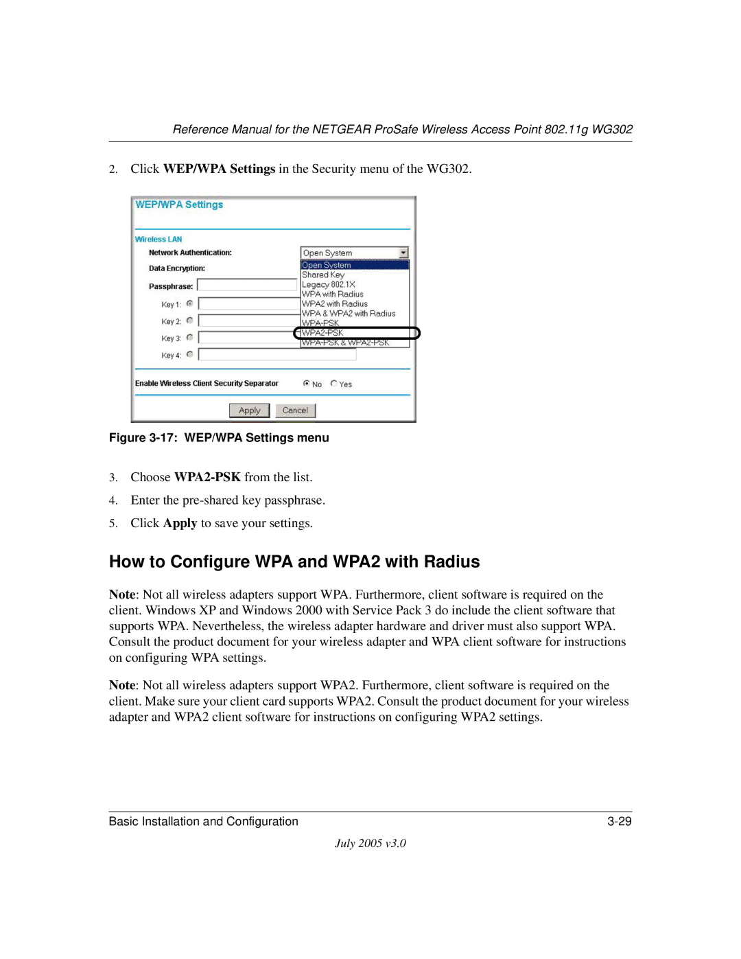 NETGEAR WG302 manual How to Configure WPA and WPA2 with Radius, 17 WEP/WPA Settings menu 