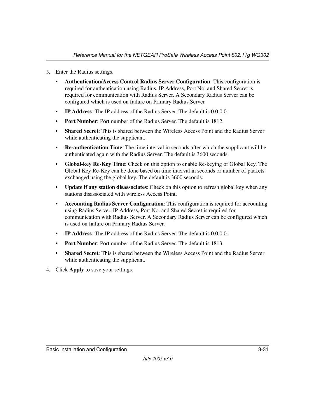 NETGEAR WG302 manual Enter the Radius settings 