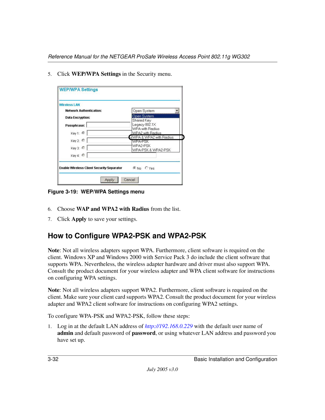 NETGEAR WG302 manual How to Configure WPA2-PSK and WPA2-PSK, 19 WEP/WPA Settings menu 