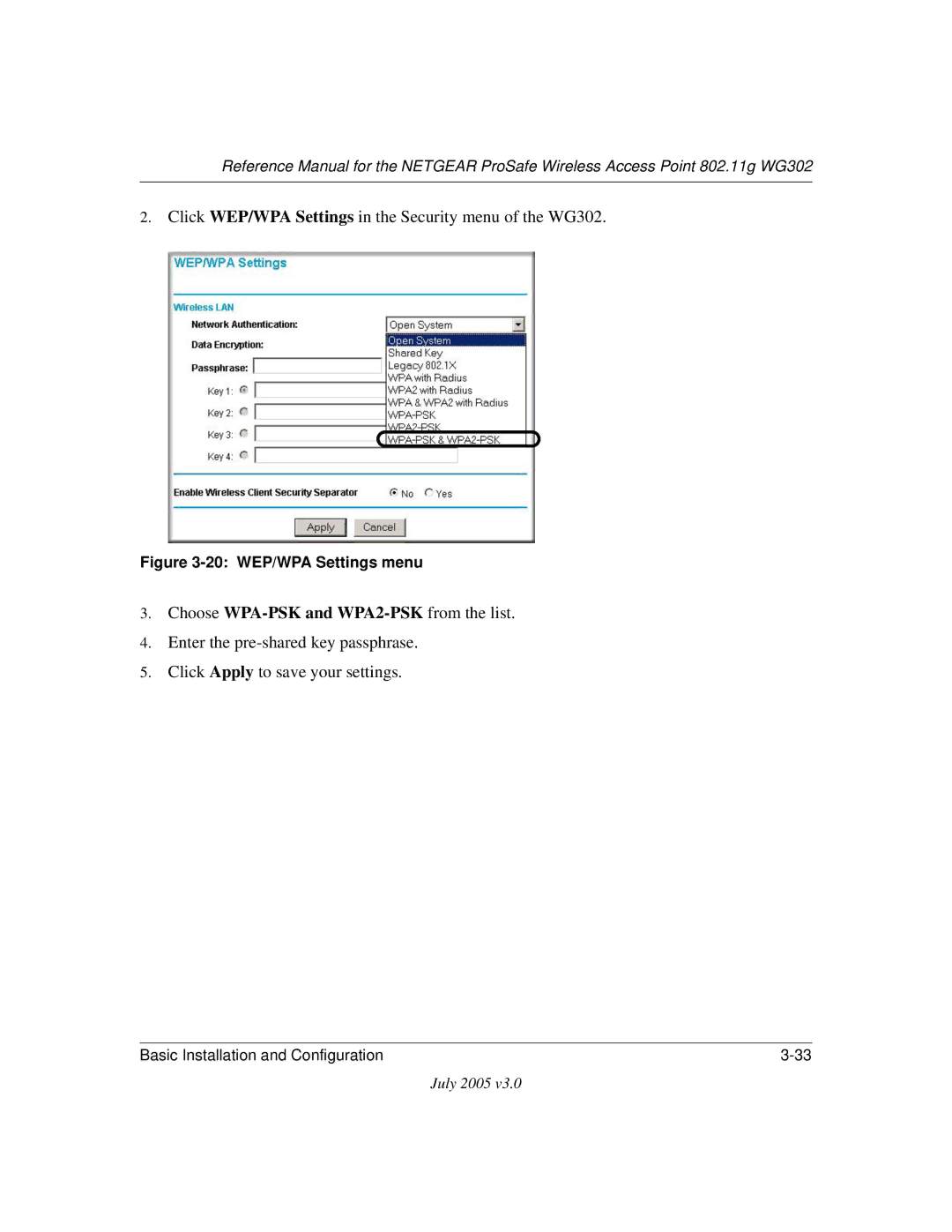 NETGEAR WG302 manual 20 WEP/WPA Settings menu 