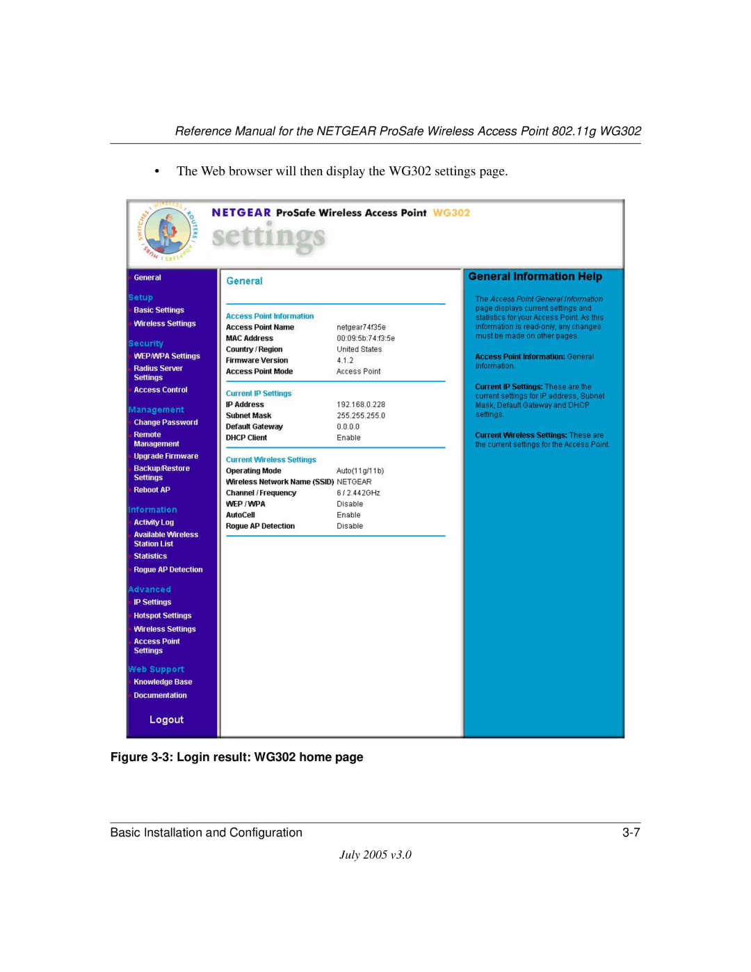 NETGEAR manual Web browser will then display the WG302 settings 