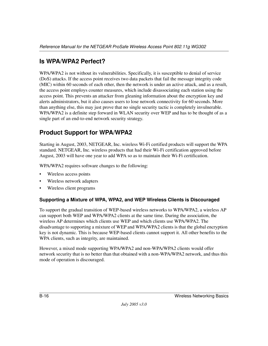 NETGEAR WG302NA manual Is WPA/WPA2 Perfect?, Product Support for WPA/WPA2 