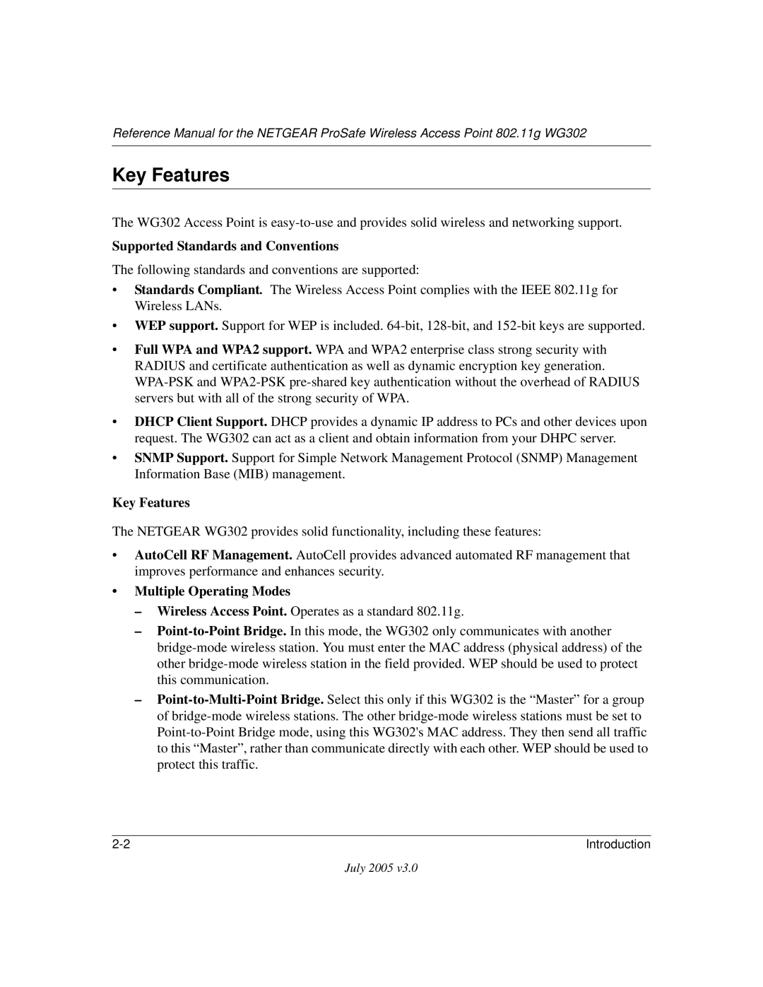 NETGEAR WG302NA manual Key Features, Supported Standards and Conventions 