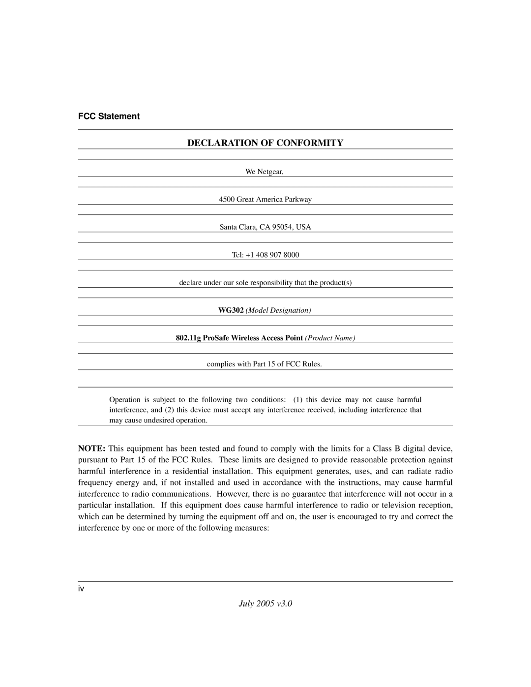 NETGEAR WG302NA manual Declaration of Conformity 