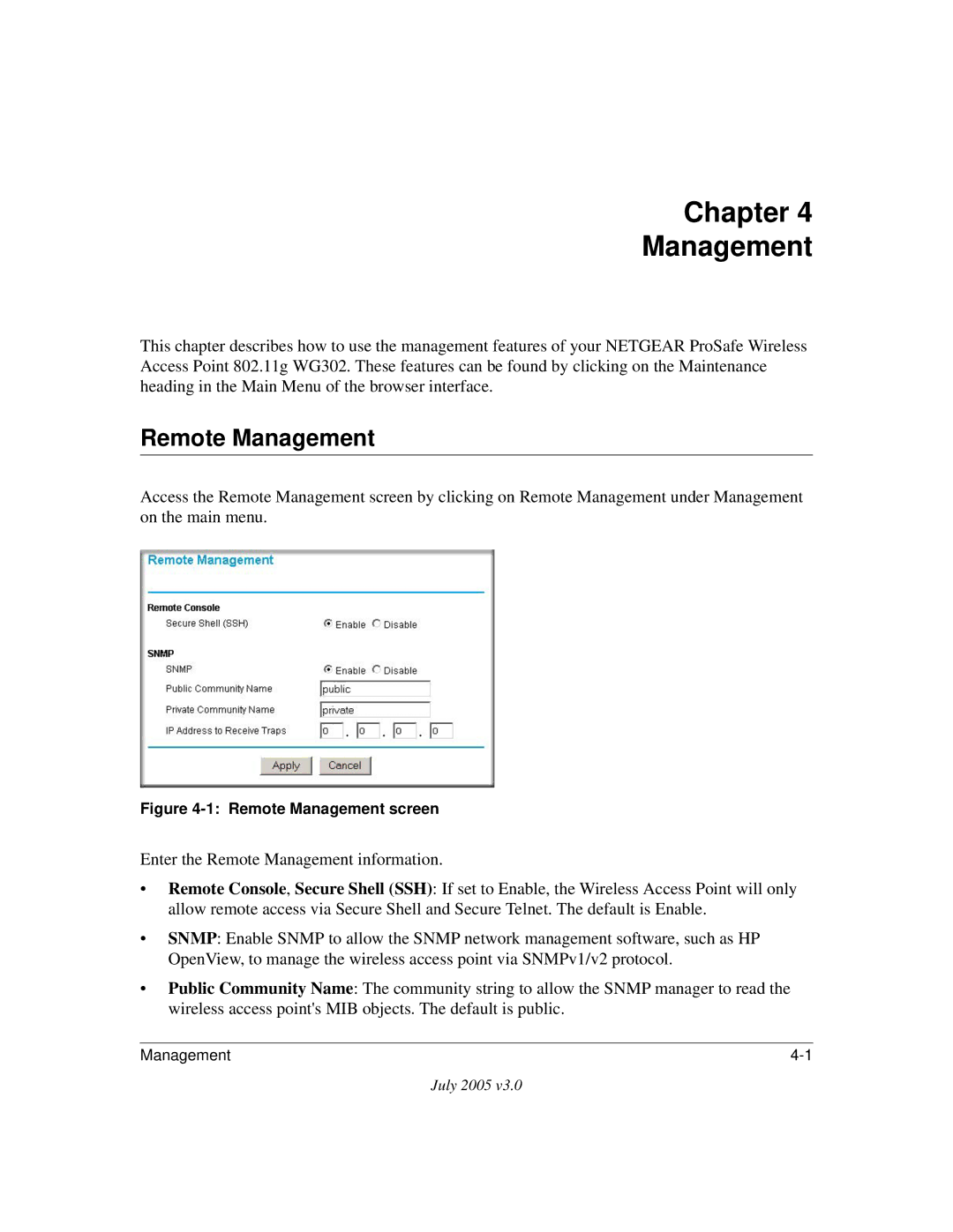 NETGEAR WG302NA manual Chapter Management, Remote Management 