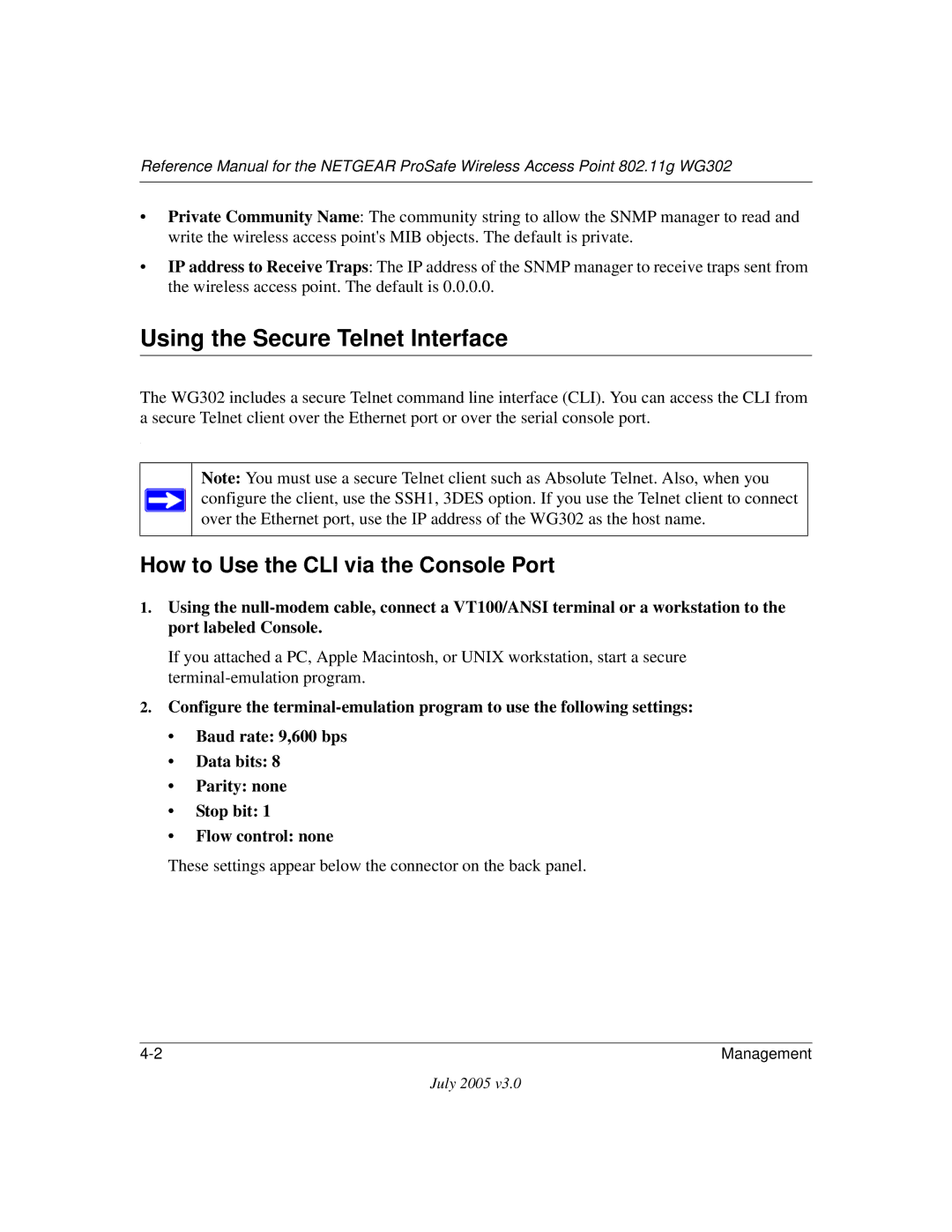 NETGEAR WG302NA manual Using the Secure Telnet Interface, How to Use the CLI via the Console Port 