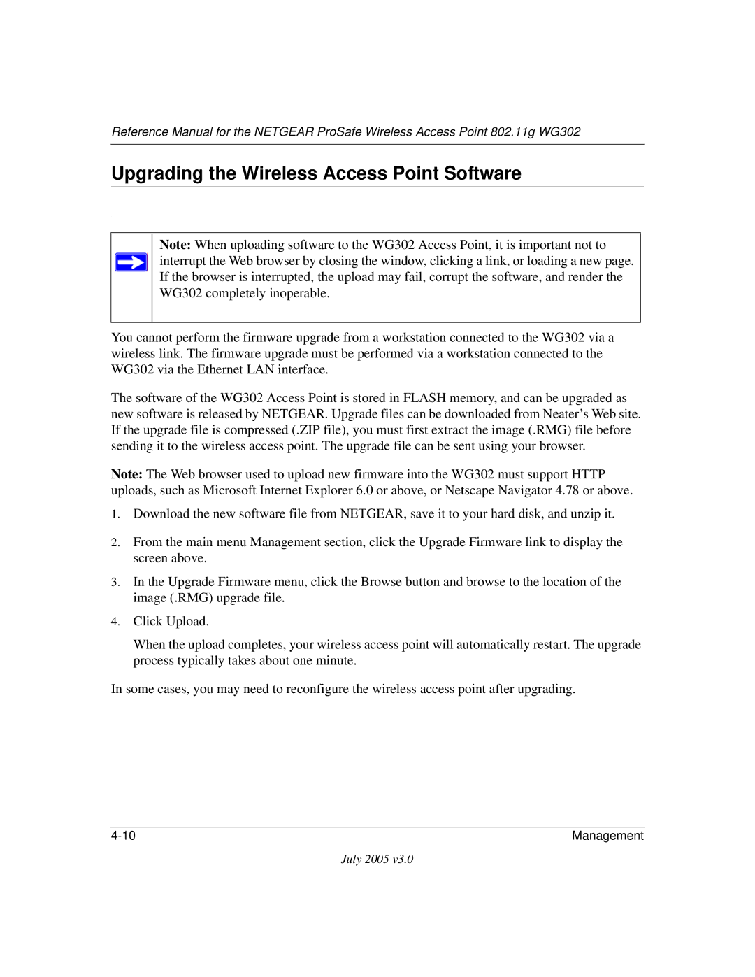 NETGEAR WG302NA manual Upgrading the Wireless Access Point Software 