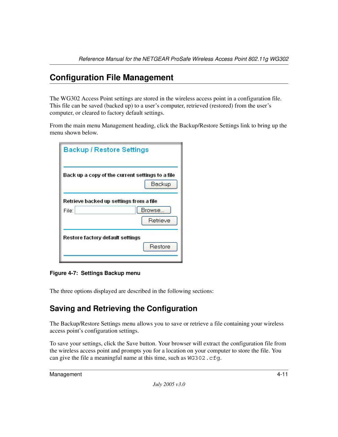 NETGEAR WG302NA manual Configuration File Management, Saving and Retrieving the Configuration 