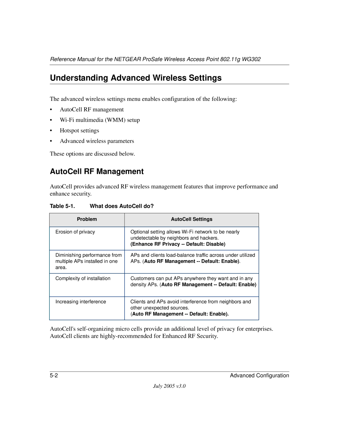 NETGEAR WG302NA manual Understanding Advanced Wireless Settings, AutoCell RF Management 