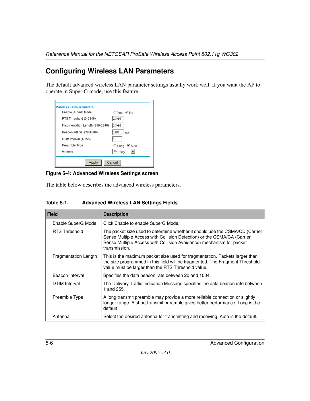 NETGEAR WG302NA manual Configuring Wireless LAN Parameters, Table below describes the advanced wireless parameters 