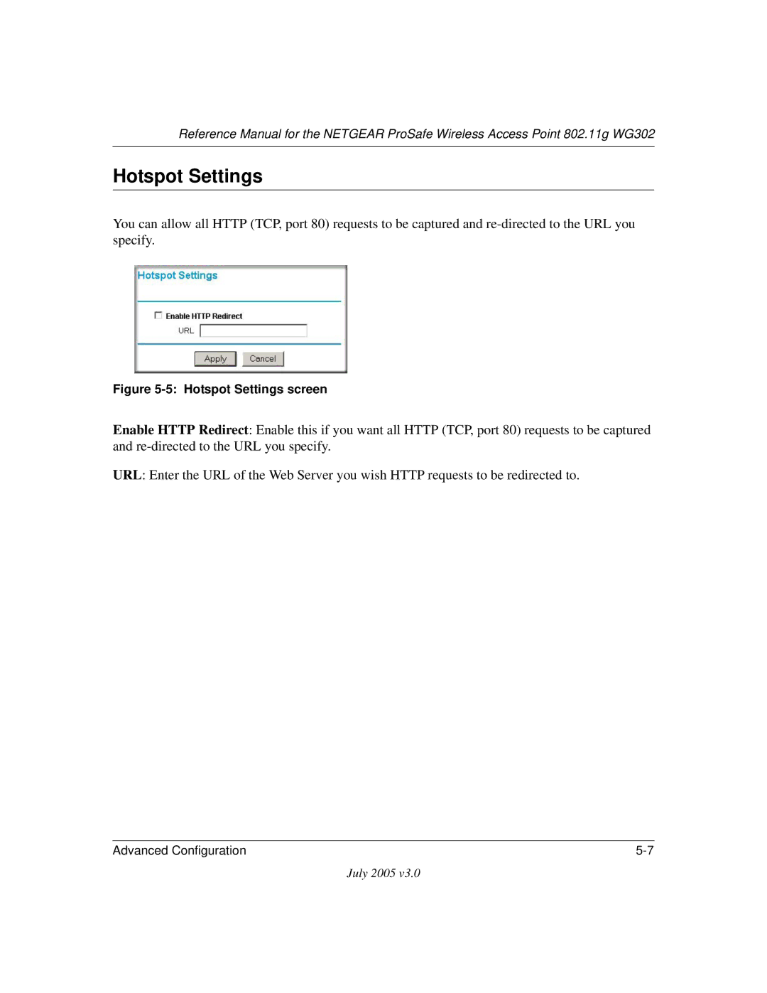 NETGEAR WG302NA manual Hotspot Settings screen 