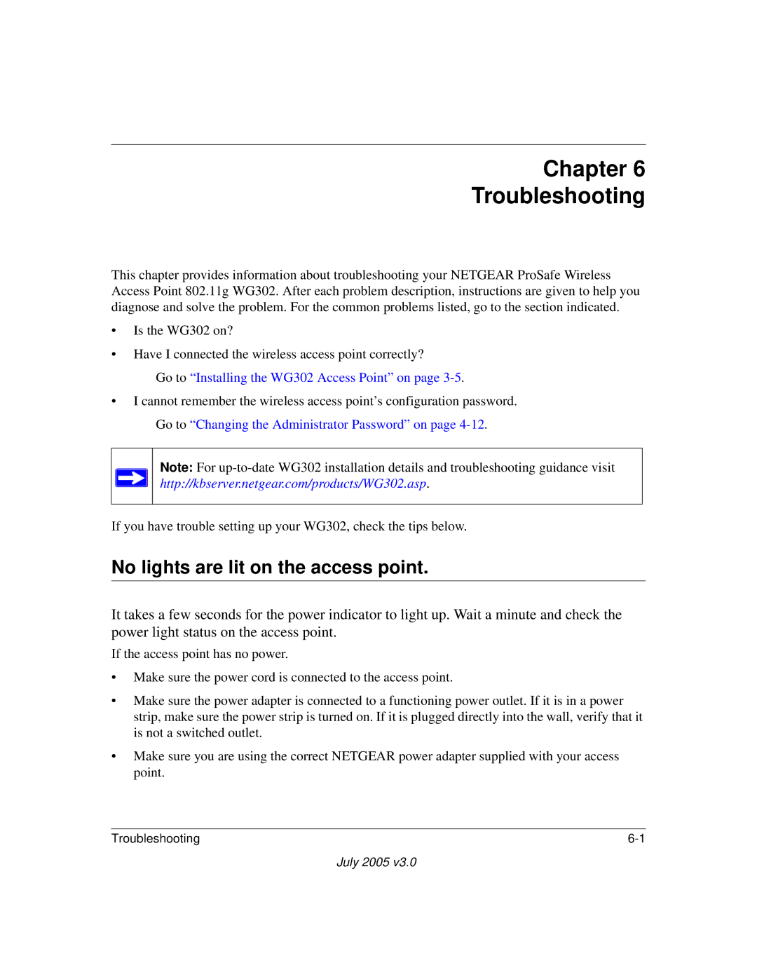 NETGEAR WG302NA manual Chapter Troubleshooting, No lights are lit on the access point 