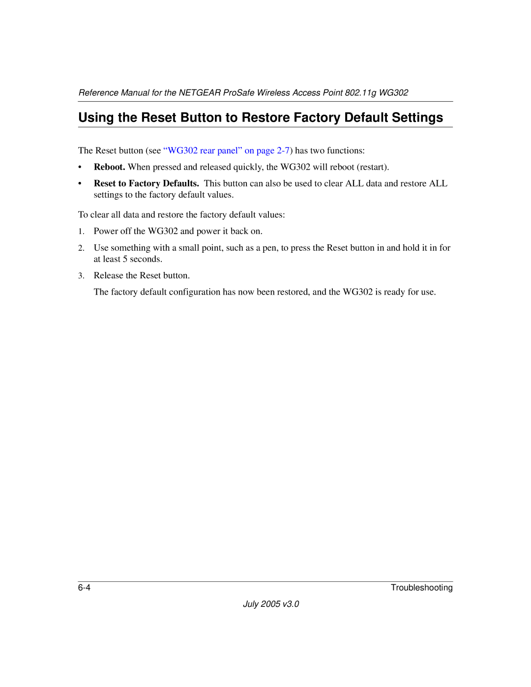 NETGEAR WG302NA manual Using the Reset Button to Restore Factory Default Settings 