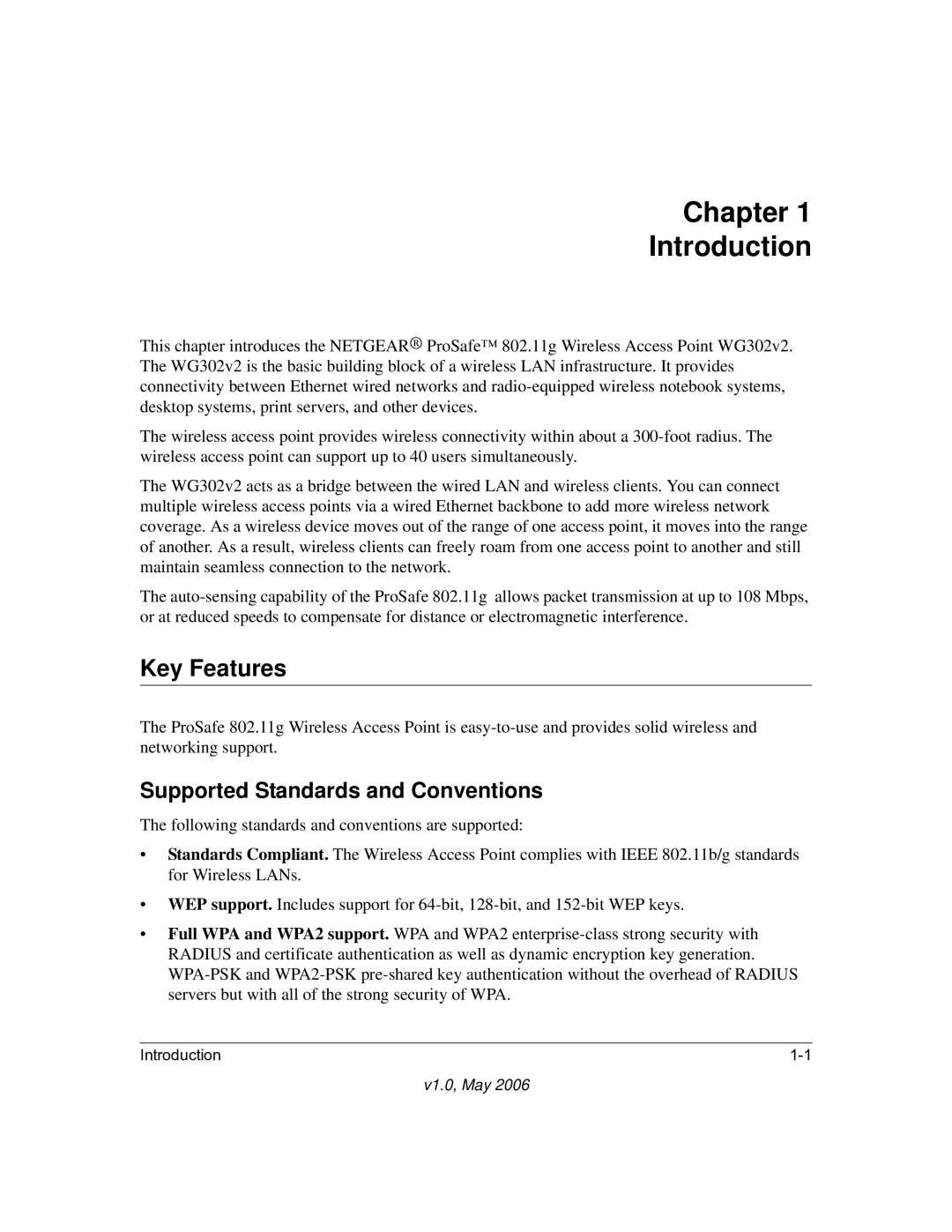 NETGEAR WG302v2 manual Chapter Introduction, Key Features, Supported Standards and Conventions 