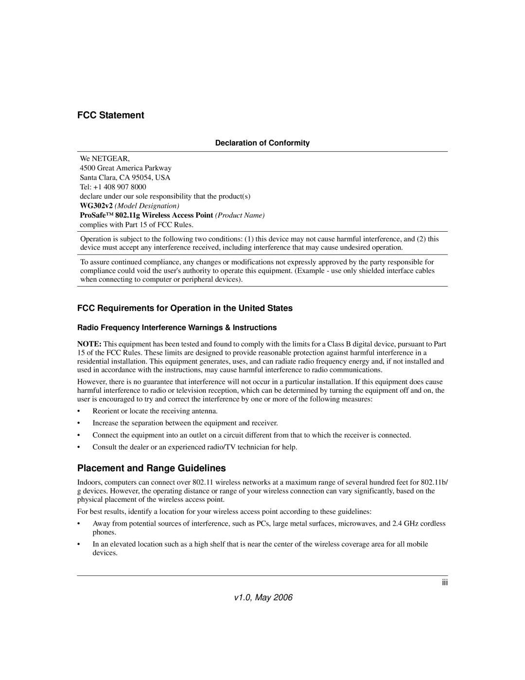 NETGEAR WG302v2 manual FCC Requirements for Operation in the United States, Declaration of Conformity 