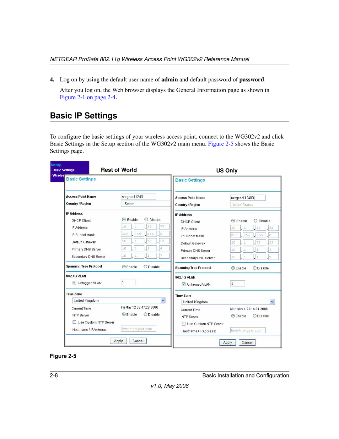 NETGEAR WG302v2 manual Basic IP Settings, Rest of World US Only 