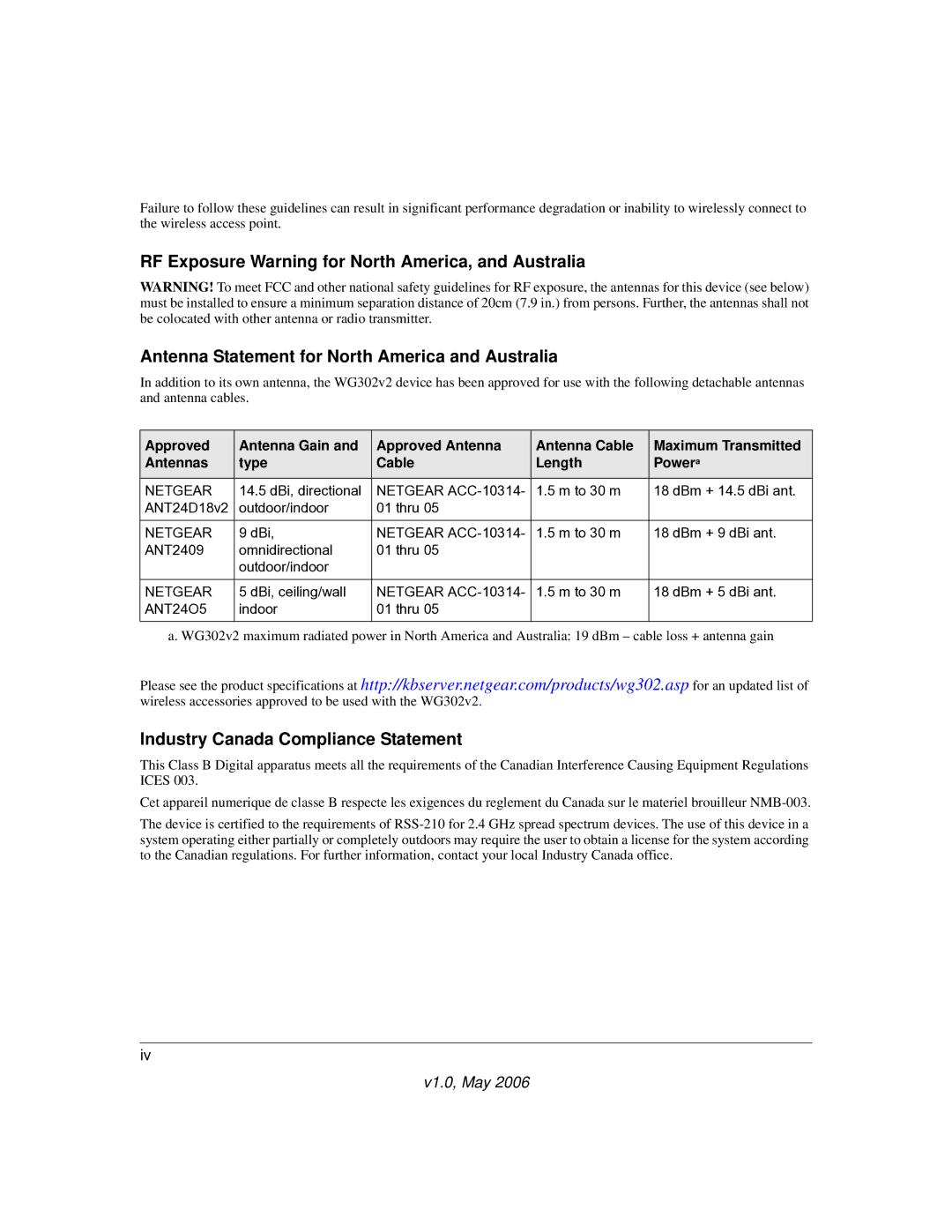 NETGEAR WG302v2 manual Industry Canada Compliance Statement 