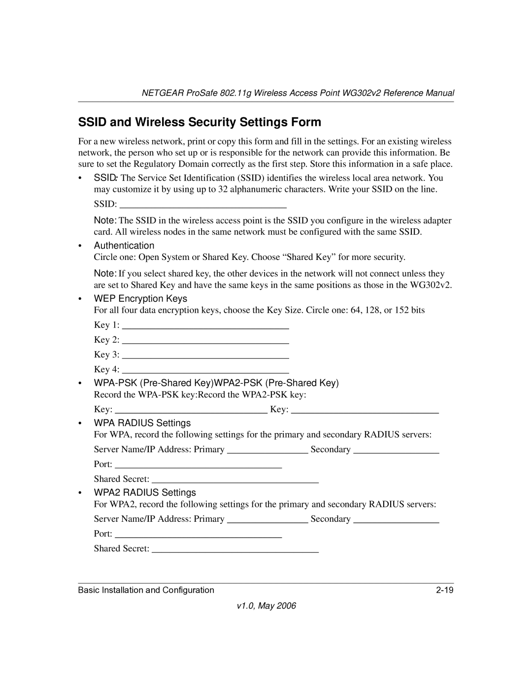 NETGEAR WG302v2 manual Ssid and Wireless Security Settings Form, WPA Radius Settings 