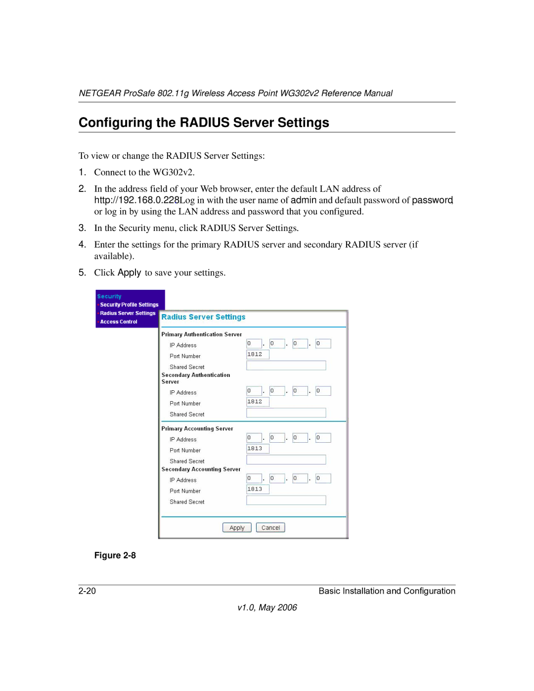 NETGEAR WG302v2 manual Configuring the Radius Server Settings 