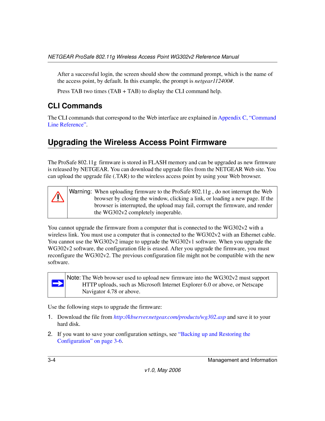 NETGEAR WG302v2 manual Upgrading the Wireless Access Point Firmware, CLI Commands 