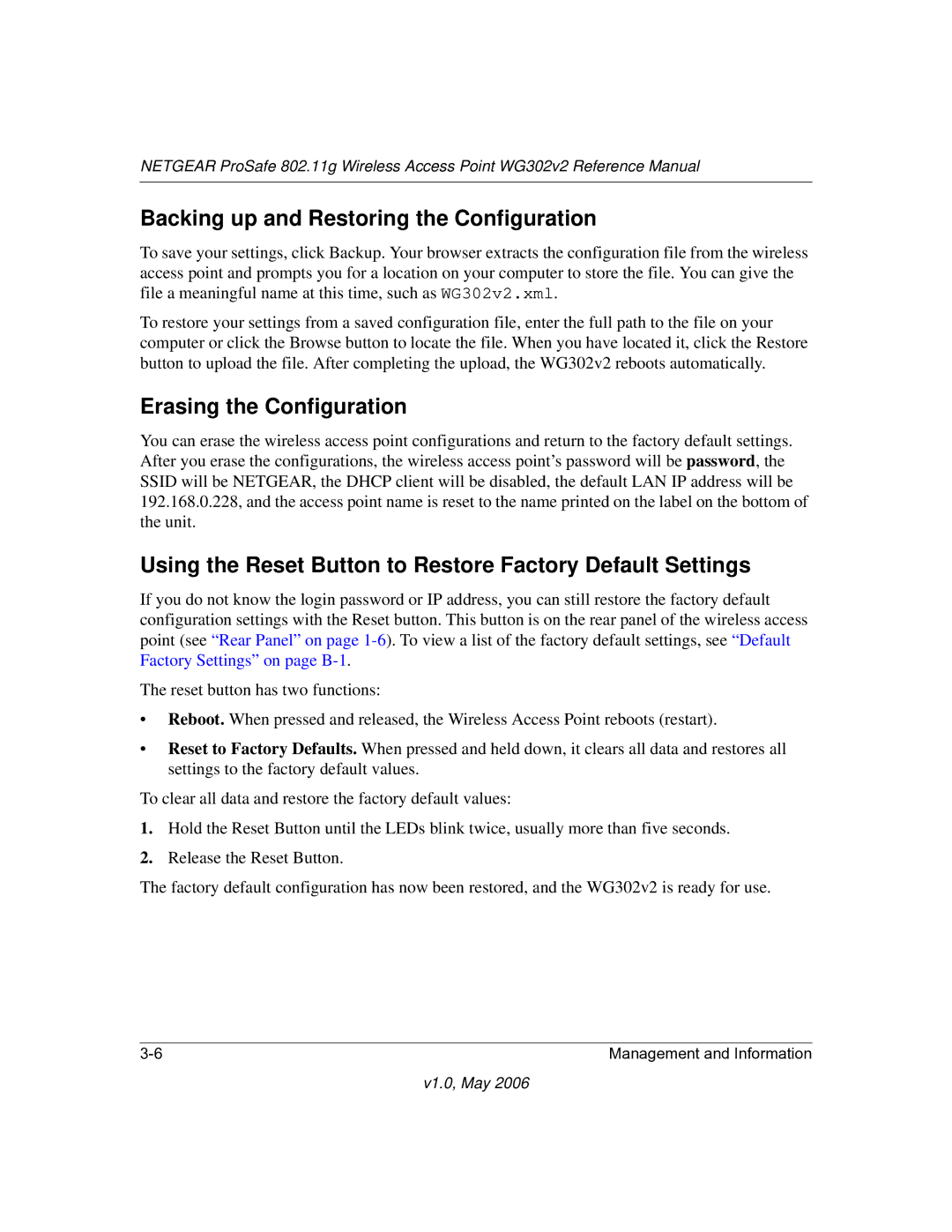 NETGEAR WG302v2 manual Backing up and Restoring the Configuration, Erasing the Configuration 