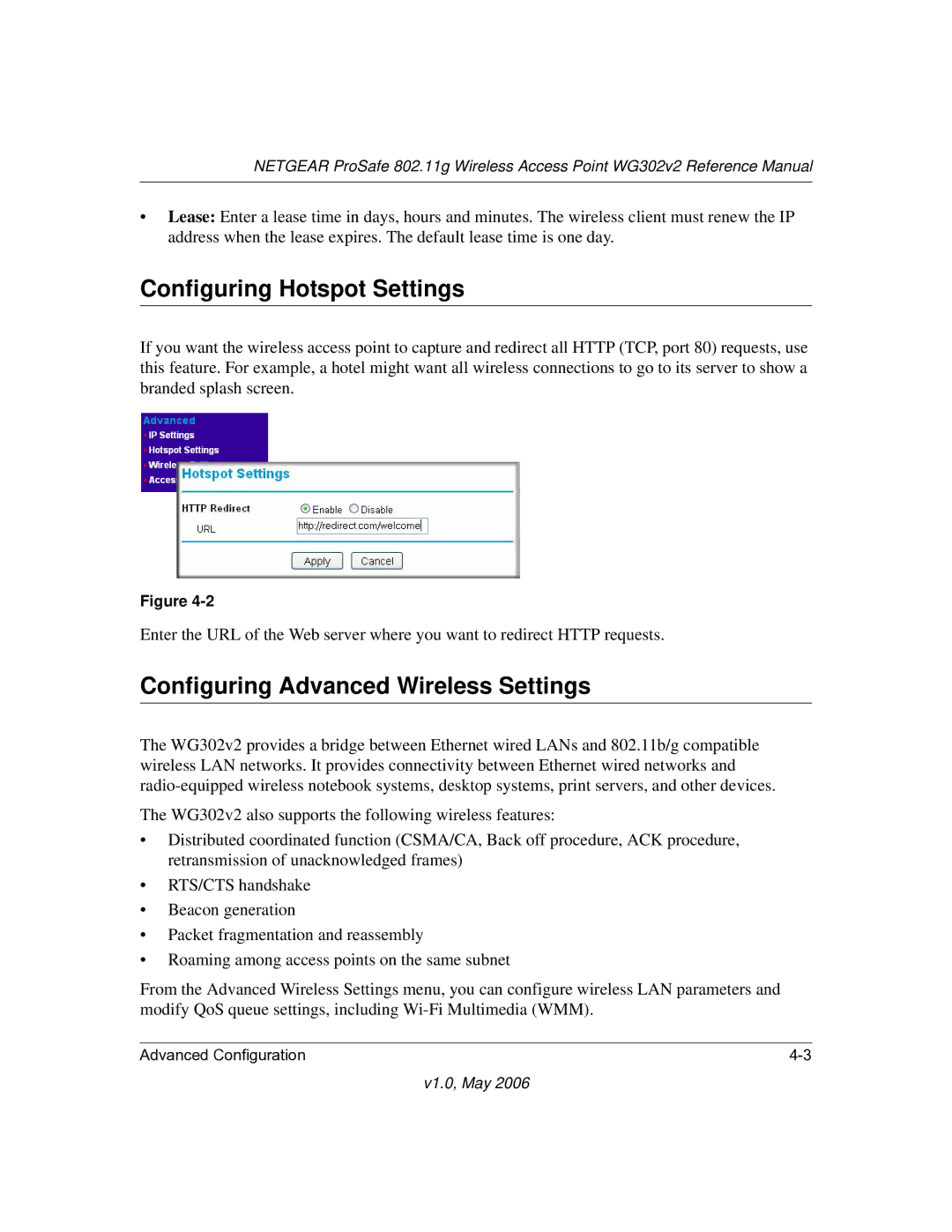 NETGEAR WG302v2 manual Configuring Hotspot Settings, Configuring Advanced Wireless Settings 