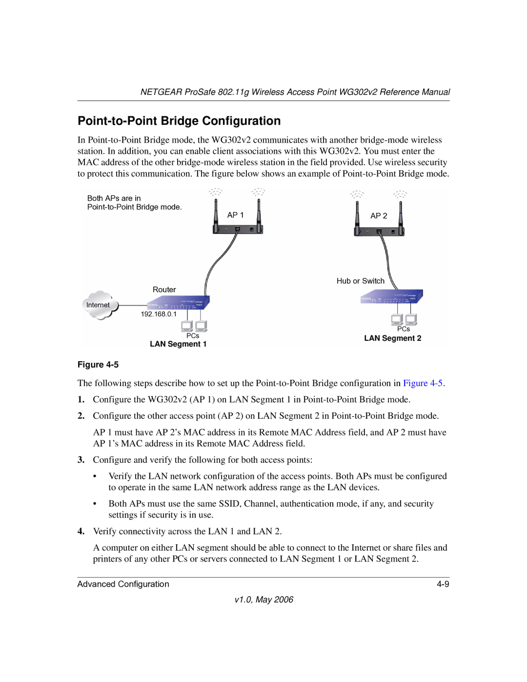 NETGEAR WG302v2 manual Point-to-Point Bridge Configuration, LAN Segment 