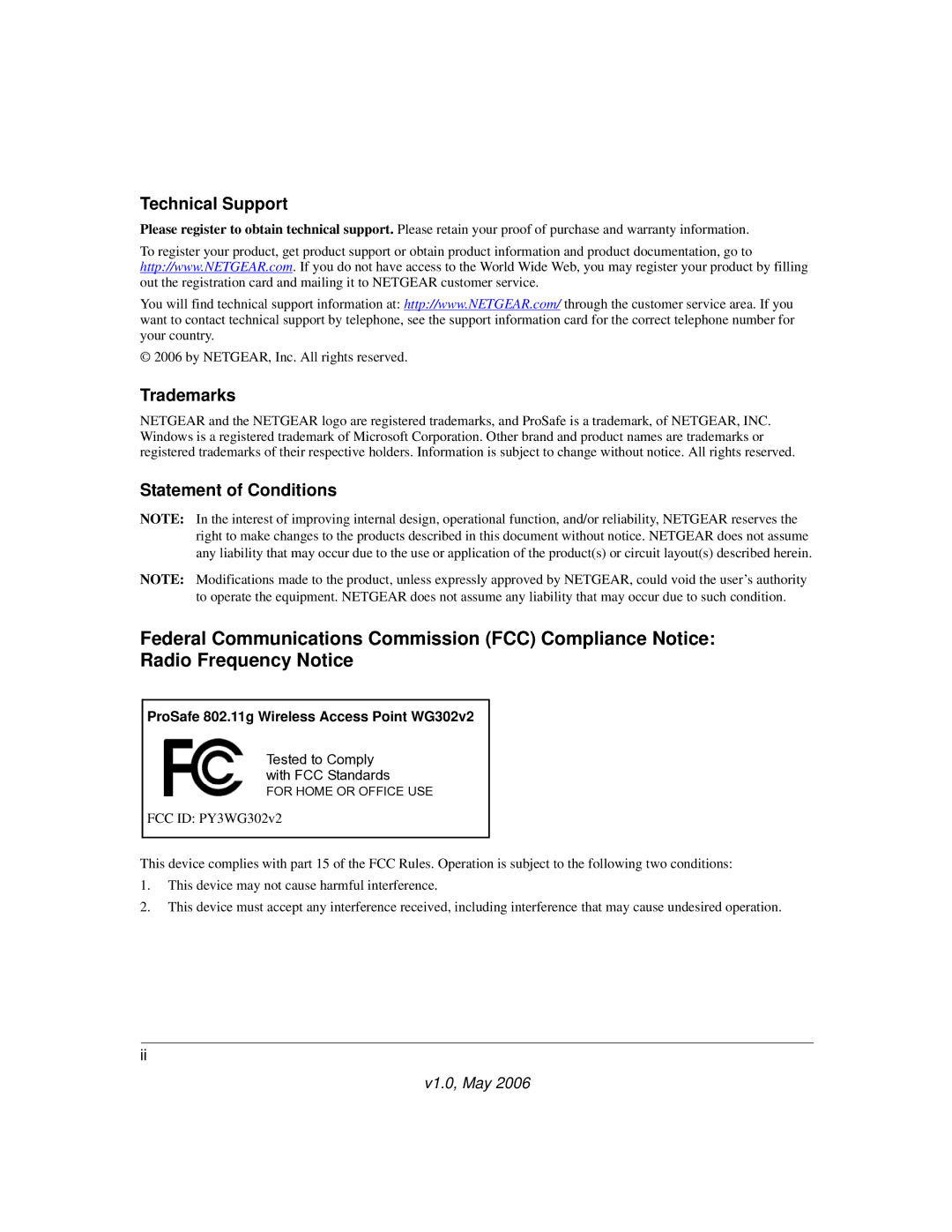 NETGEAR manual Technical Support, Trademarks, Statement of Conditions, ProSafe 802.11g Wireless Access Point WG302v2 