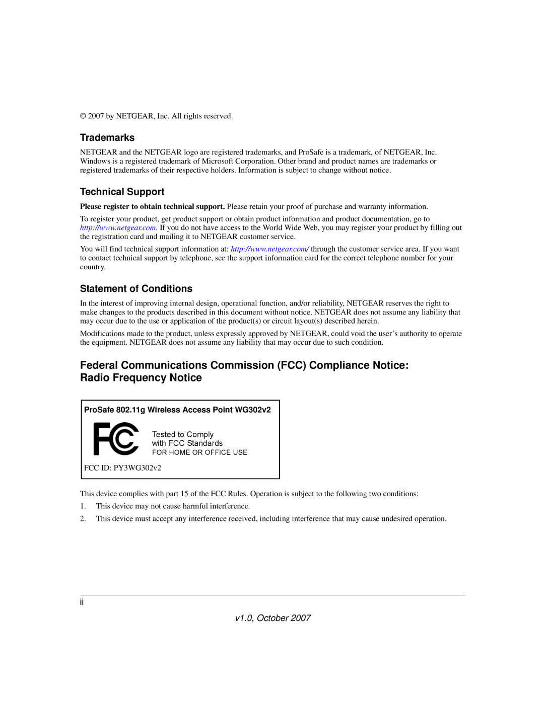 NETGEAR manual Trademarks, Technical Support, Statement of Conditions, ProSafe 802.11g Wireless Access Point WG302v2 