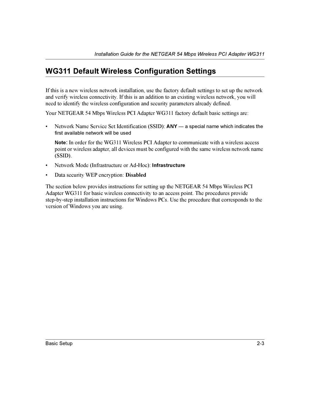 NETGEAR manual WG311 Default Wireless Configuration Settings 