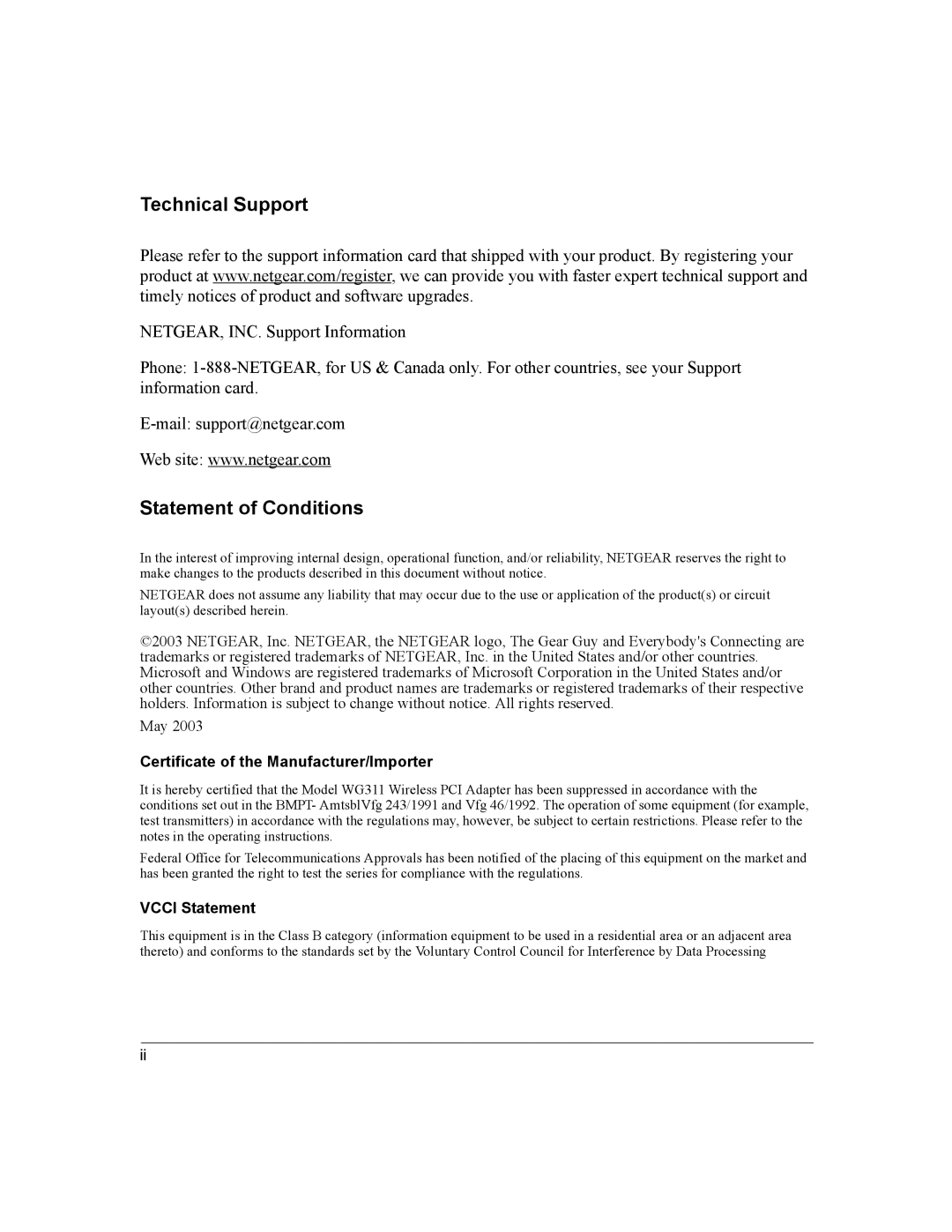 NETGEAR WG311 manual Technical Support 