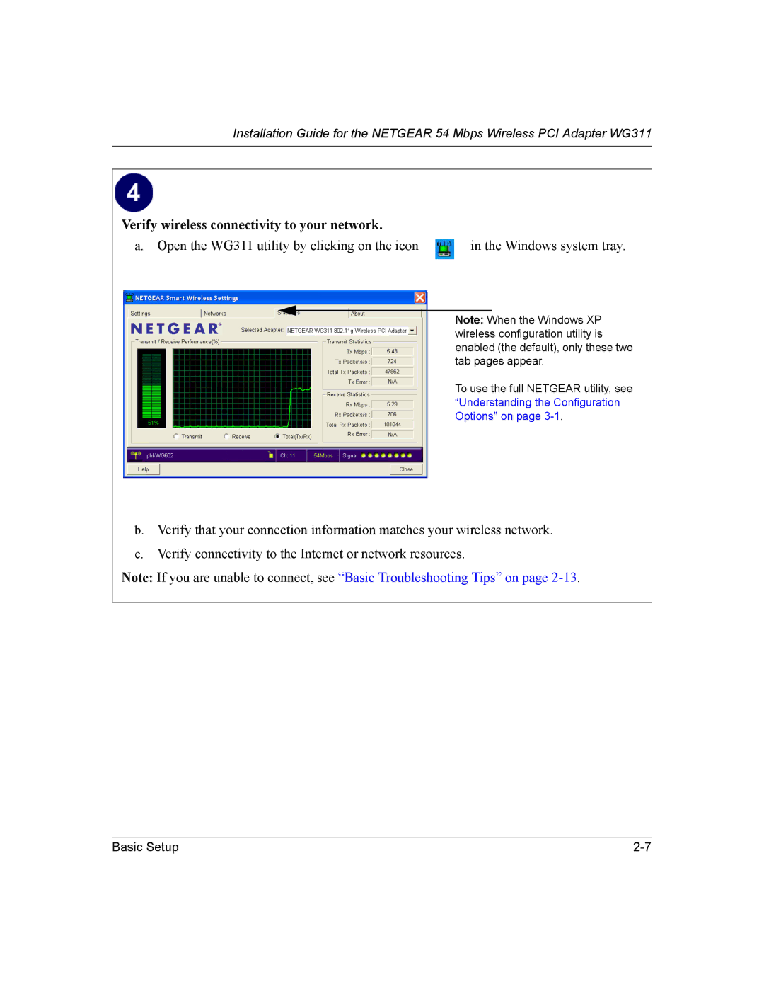 NETGEAR manual Verify wireless connectivity to your network, Open the WG311 utility by clicking on the icon 