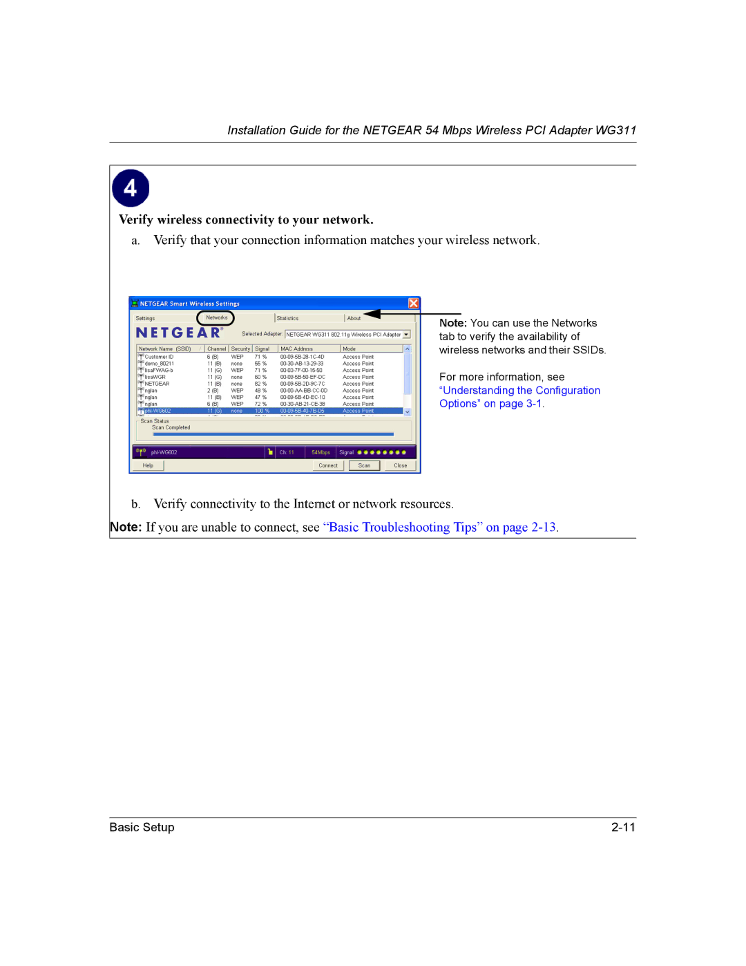 NETGEAR WG311 manual Verify wireless connectivity to your network 