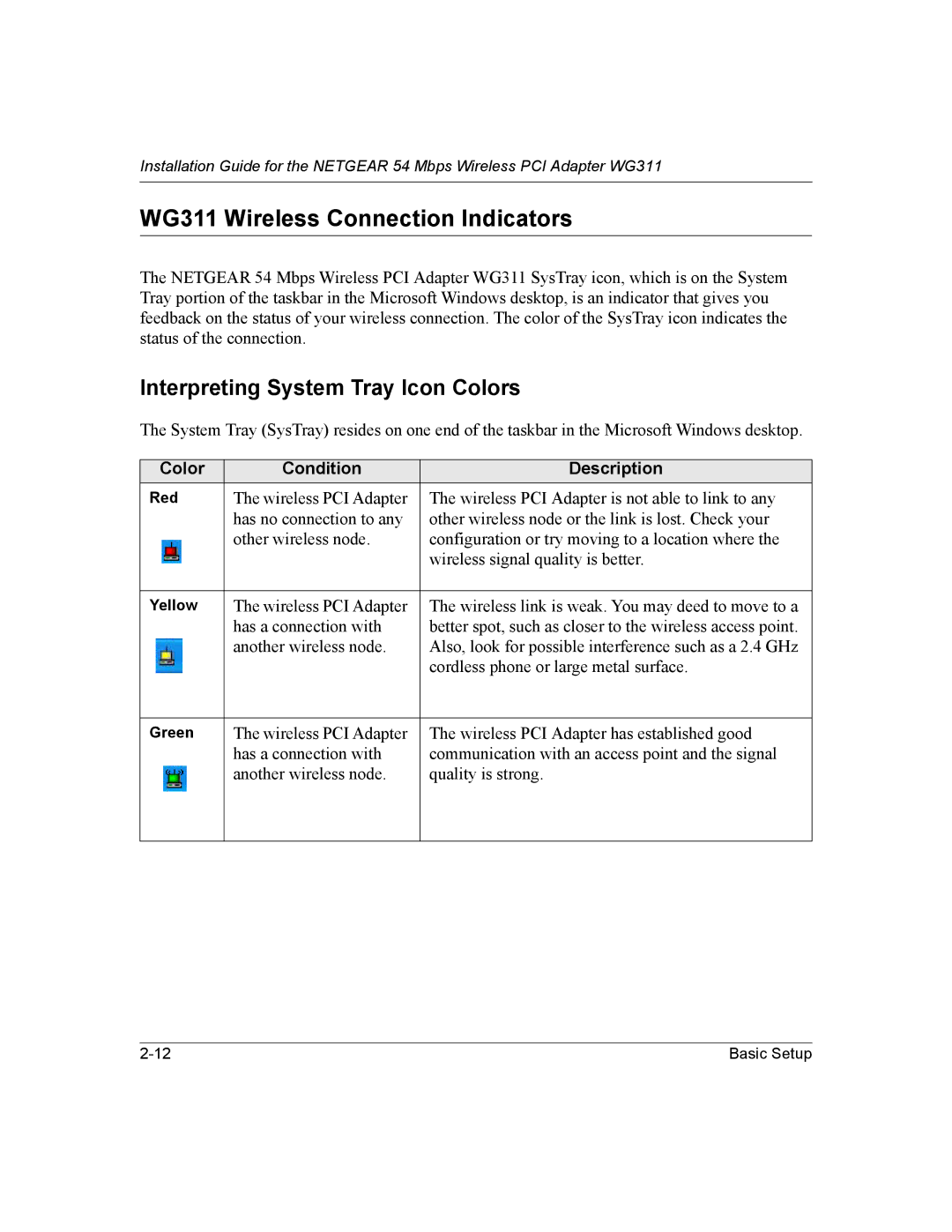 NETGEAR manual WG311 Wireless Connection Indicators, Interpreting System Tray Icon Colors 