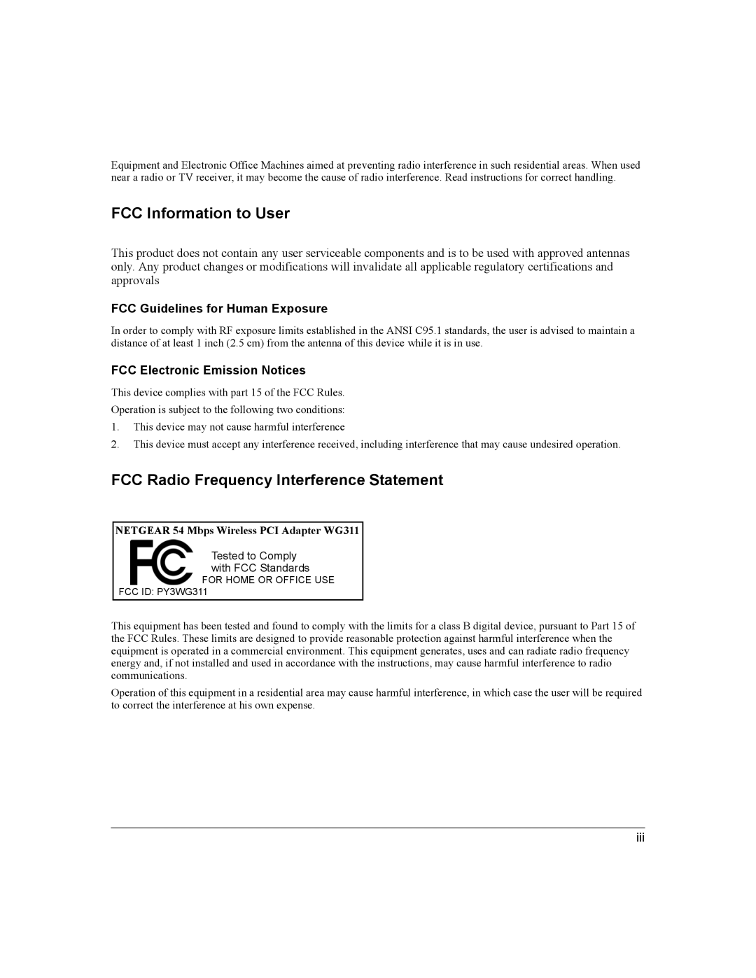 NETGEAR WG311 manual FCC Information to User 