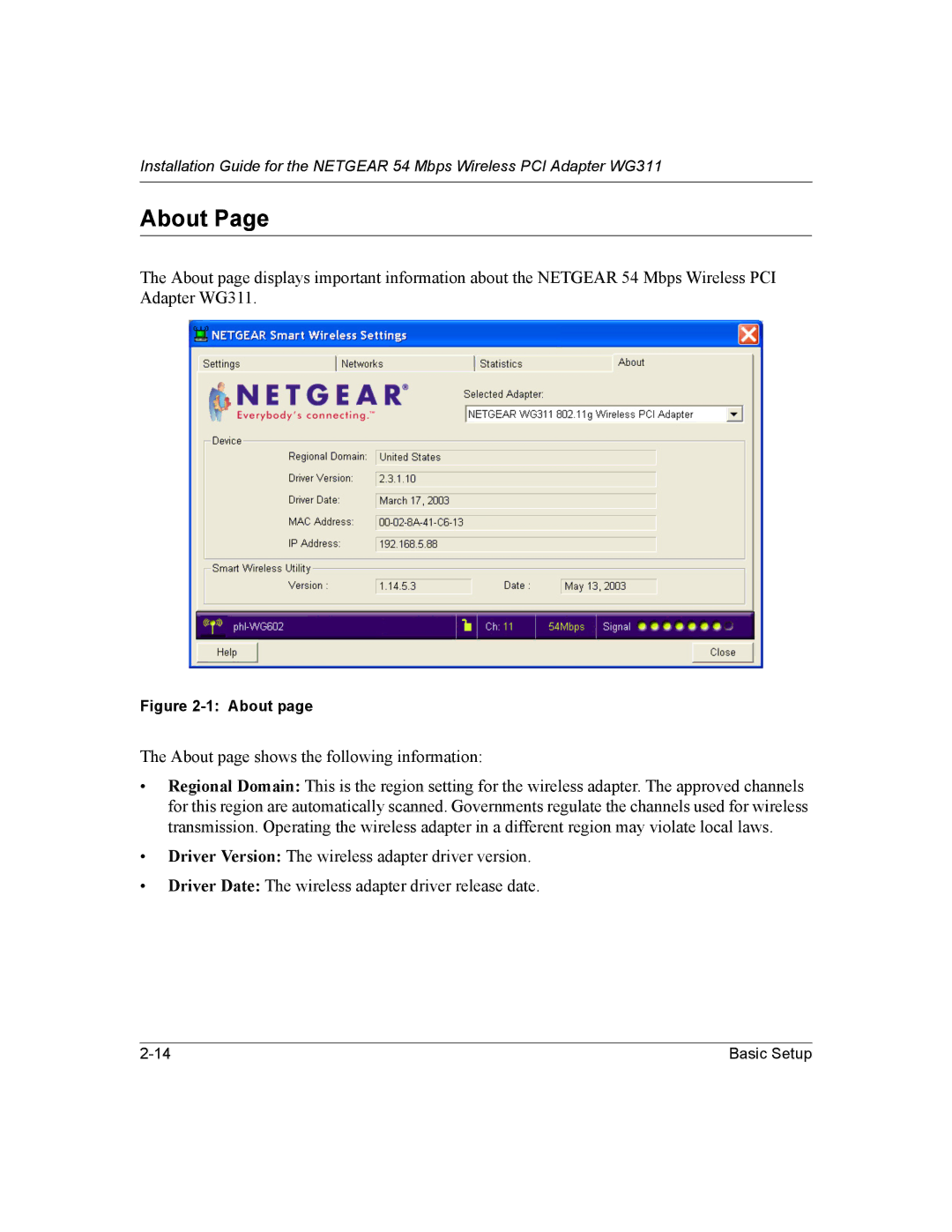 NETGEAR WG311 manual About page shows the following information 