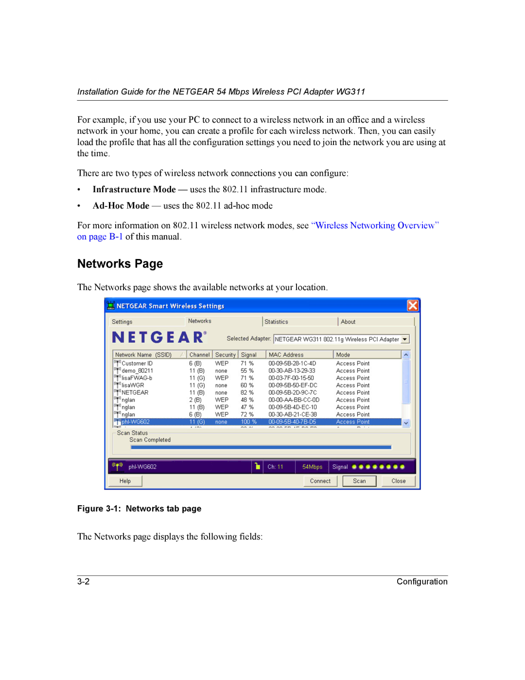 NETGEAR WG311 manual Networks page displays the following fields 